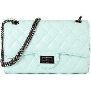 Women Light BluePU Quilted Stylish Crossbody Bag with Chain Strap & Flap Closure
